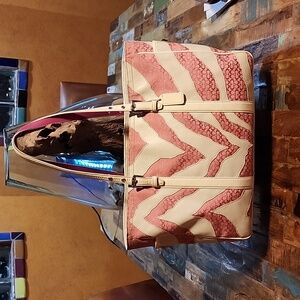 COACH Pink Logo & White Leather ZEBRA Pattern Tote Shoulder Bag